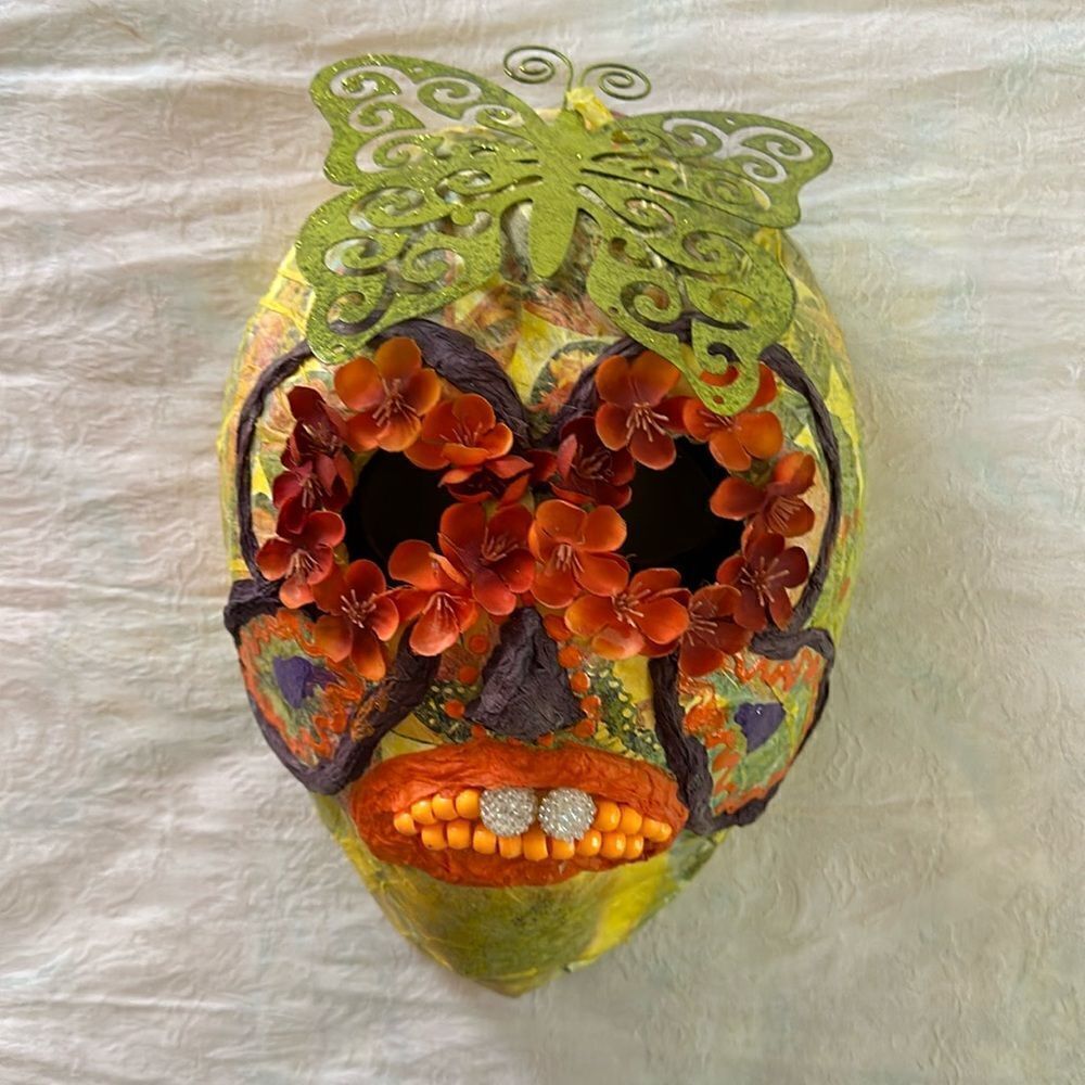 Mask Hand Crafted Day of the Dead Festival Decor Paper Mache Fabric Textile
